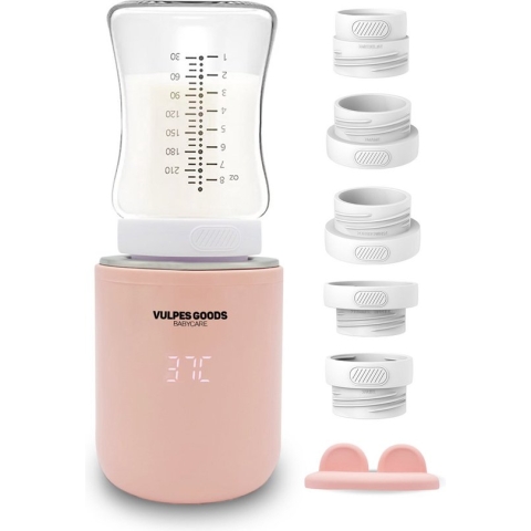 Vulpes Goods® BabyCare - Flessenwarmer Pro - Draagbare Baby Flessenwarmer voor Onderweg - Intelligente Flesverwarmer - 4 Temperatuurniveaus - Draadloos - Inclusief 5 Adapters - USB Oplaadbaar - 13.200 mAh - Roze