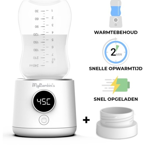 MyBambini's Bottle Warmer Pro MAX™ - Draagbare Baby Flessenwarmer voor Onderweg - Wit - Geschikt voor Dr. Brown's (brede hals), Suavinex & J Bimbi