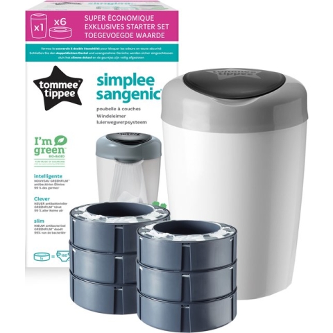 Tommee Tippee Simplee Sangenic luieremmer, milieuvriendelijker systeem, inclusief 6 navulcassettes met duurzaam geproduceerde antibacteriële GREENFILM, grijs