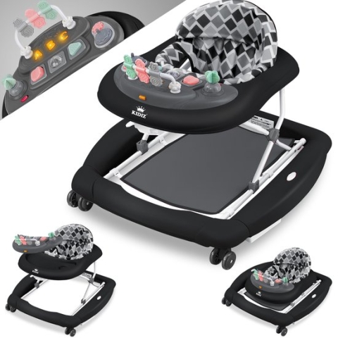 KIDIZ® 4in1 Babywalker / Loopstoel / Loopstoeltje voor Baby speel- en loopstoeltje - schommelfunctie baby wipstoeltje met wielen, licht, muziek, speelcentrum eettafel loopstoel loophulp baby's vanaf 6 maanden opvouwbaar - Zwart
