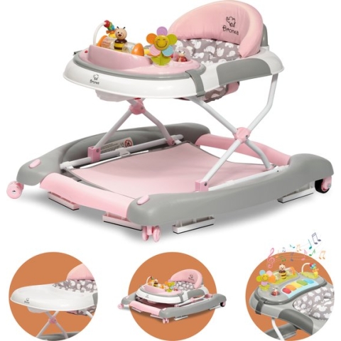 BRONEA Loopstoeltje 4 in 1 | Babywalker met schommelfunctie en speelpaneel met muziek | In hoogte verstelbaar en opvouwbaar | Loopstoel met stille wielen en remmen
