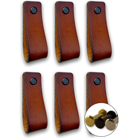 Leren handgrepen - Cognac - 6 stuks - 16,5 x 2,5 cm - incl. 3 kleuren schroeven - handgrepen kast leer - meubelgrepen - handvaten kast - leren lus