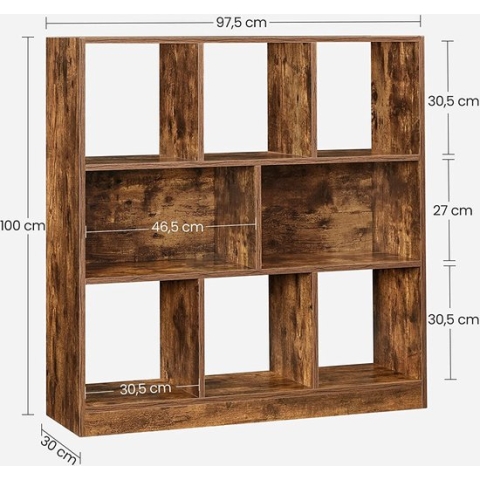 Hoppa! boekenkast, vakkenkast industrieel, vitrine voor woonkamer, Boekenrek slaapkamer, kinderkamer en kantoor, 97,5 x 100 x 30 cm (L x B x H), vintage, donkerbruine
