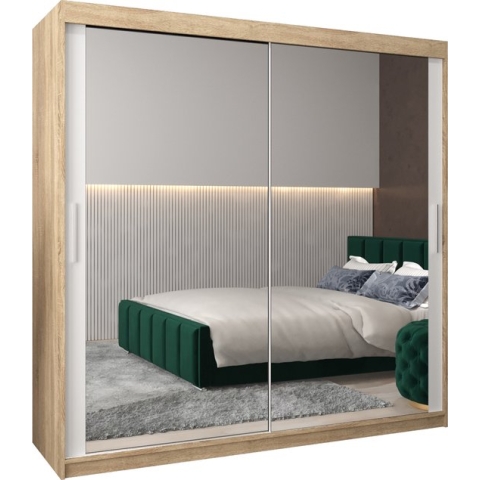 InspireMe - Kledingkast met 2 schuifdeuren, Modern-stijl, Kledingkast met planken (BxHxD): 200x200x62 - TORM III 200 Sonoma Eik + Wit Mat met 4 lades