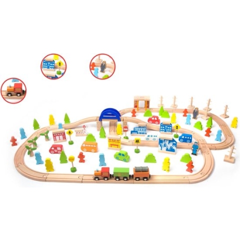 Classic World Houten Treinset, 110dlg. Afmeting artikel: 105 x 69 x 12 cm