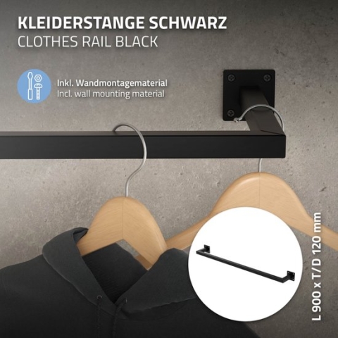 Rechthoekige kledingstang voor wand 12x90 cm Zwart staal ML-Design