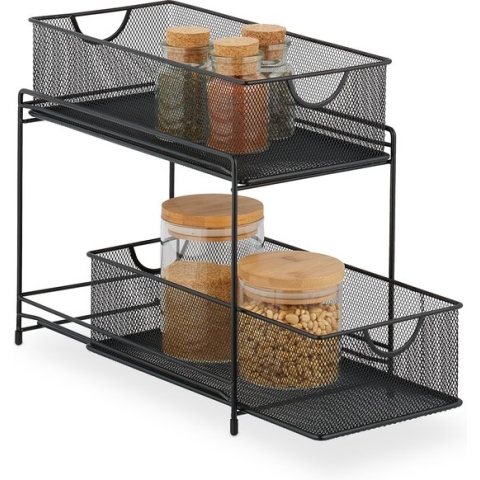 Relaxdays keuken organizer metaal - badkamerrek met 2 schuifmanden - smalle kast organizer - zwart