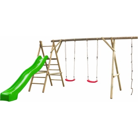 Houten dubbele schommel met 300cm glijbaan appelgroen en klimtouw Noortje – 450x360x230cm - SwingKing