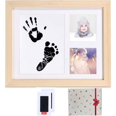Baby handafdruk en voetafdruk, baby handprint voetafdruk klei fotolijst, houten frame en acrylglas, gips & afdruksets voor babyherinneringen, ceremonie, party, Meilo (zwart-33 x 18 cm)