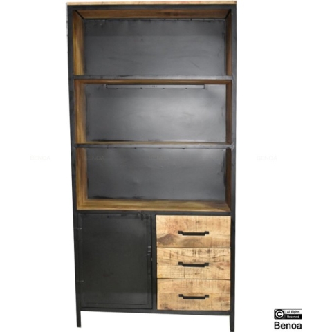 Lizzy 1 Deurs boekenkast 100cm - Mangohouten Boekenkast 100cm breed - Industriële kasten - Kast van Mangohout en Staal - Opberkast met laden, deuren en open vak