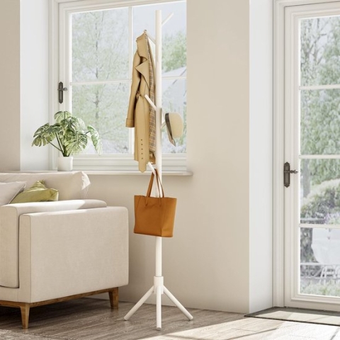 Kapstok,garderobe van massief hout,kledingstandaard met 8 haken,Staand Boom Kleding Hoeden Rail,mobiel kledingrek,voor hal,gang, entree, slaapkamer,Wit