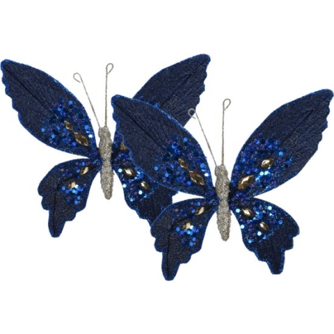 Decoris decoratie vlinders op clip - 2x stuks - donkerblauw - 15 cm