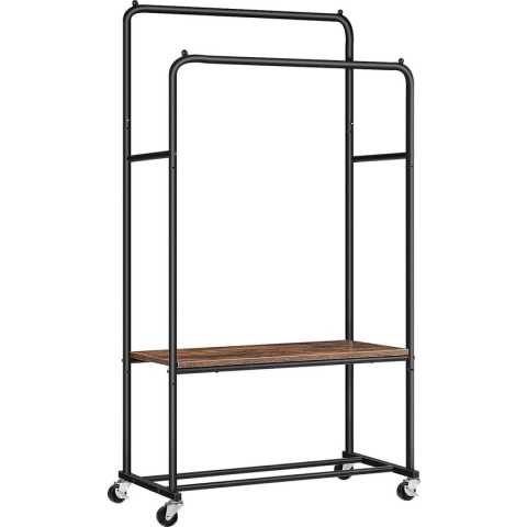 Kledingrek, 2 kledingstangen, kapstok met wielen en 2 planken, tot 100 kg belastbaar, industrieel design, voor slaapkamer, hal, donkerbruin-zwart EBF22LY01