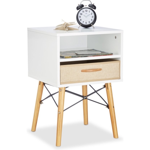 Relaxdays nachtkastje wit - houten poten - Scandinavische stijl - opvouwbare stoffen lade