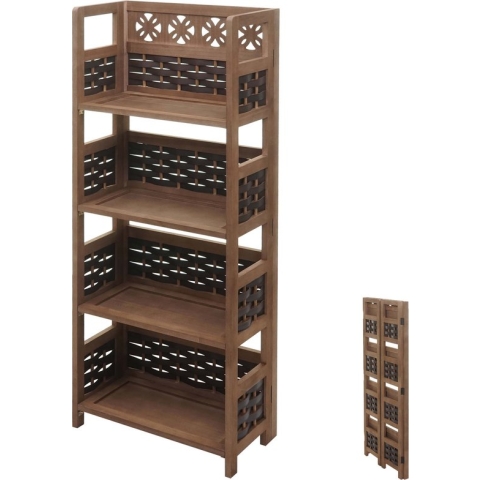 Plank MCW-K86, staande plank woonkamerplank, opvouwbaar 4 planken, hout 110cm ~ donkerbruin, rieten donkerbruin