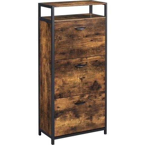 Hoppa! schoenenkast met 3 kleppen, schoenenrek, schoenenkantelaar, schoenenkast met 3 vakken, schoenenplanken, in de gang, voor 12-18 paar schoenen, ruimtebesparend, 60 x 30 x 130 cm, vintage bruin-zwart