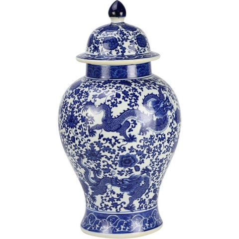 Fine Asianliving Chinese Gemberpot Porselein Blauw-Wit Handgeschilderd Draak D27xH51cm