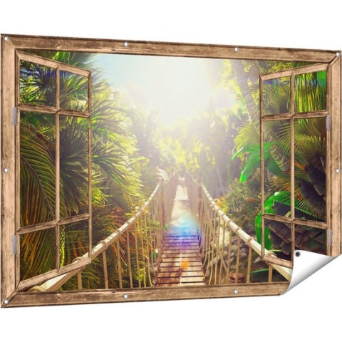 Gards Tuinposter Doorkijk Houten Brug in de Tropische Jungle - 150x100 cm - Tuindoek - Tuindecoratie - Wanddecoratie buiten - Tuinschilderij
