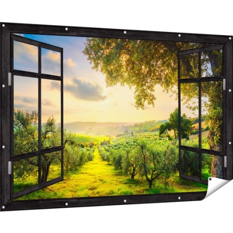 Gards Tuinposter Doorkijk Olijvenbomen - Olijvengaard - 180x120 cm - Tuindoek - Tuindecoratie - Wanddecoratie buiten - Tuinschilderij