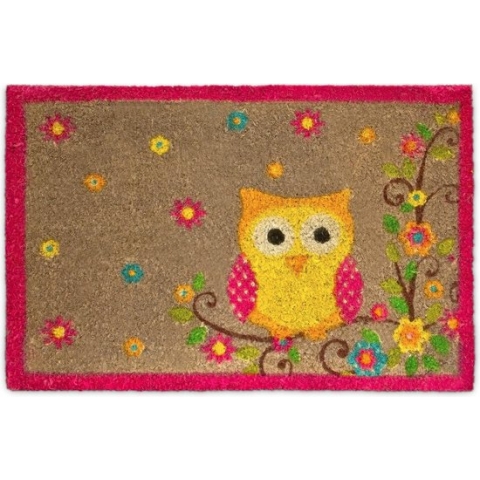 Relaxdays Deurmat kokosvezel - Deur mat bloemen & uil - Vrolijk motief - Voetmat 60x40 cm.