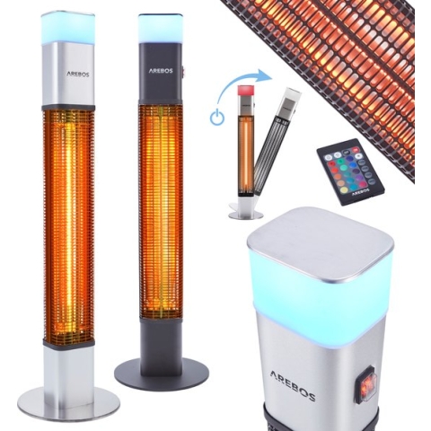 AREBOS Infrarood Verwarming - 1500W - Infrarood Kachel - Terrasverwarmer - Inclusief 16 kleuren LED lampje - met Afstandsbediening - Zilver