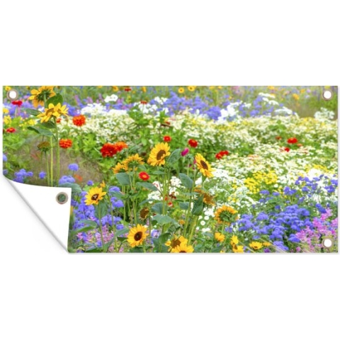 Tuinposter Siergras met verschillende bloemen - 170x80 cm - Wanddecoratie Buiten - Tuinposter - Tuindoek - Schuttingposter - Tuinschilderij