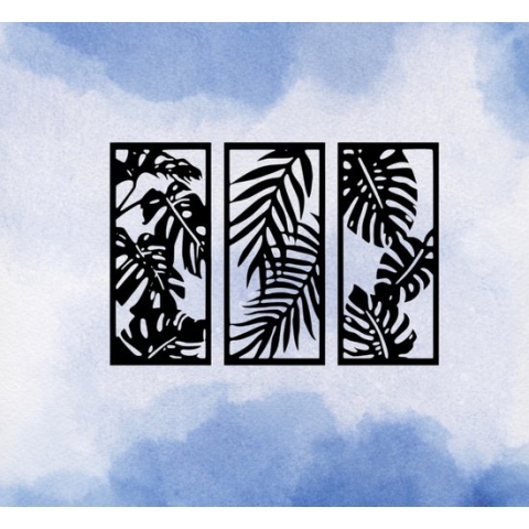 Djemzy - muurdecoratie woonkamer - wanddecoratie - hout - zwart - rimboe bladeren - 3 delig - groot - MDF 6 mm