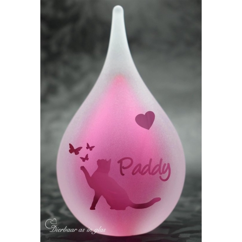 Urn van glas met uw gewenste naam en afbeelding van poes met vlinders middels zandstraling- Roze- 50ml inhoud-Druppel Mini urn deelbestemming as- crematie as urn mens-urn poes-urn kat-dier-Gepersonaliseerd-Gedenkurn-Herdenken