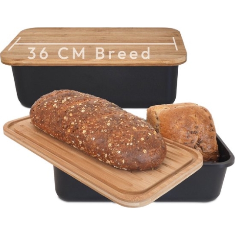 Gadgy Broodtrommel met Bamboe Deksel – Brooddoos met Snijplank - Bewaardoos Crackers en Ontbijtkoek - Vershouddoos - 36x19.5x11.5 cm- zwart