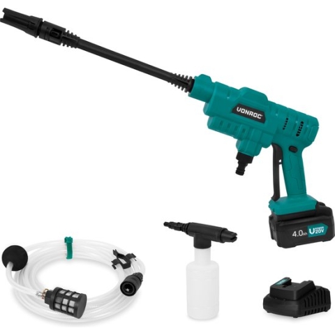 VONROC Accu drukreiniger 20V – 24bar – 198 l/h - Incl. 5m aanzuigslang, reinigingsmiddelenfles en regelbare spuitmond – Incl. 4.0Ah Accu en Snellader
