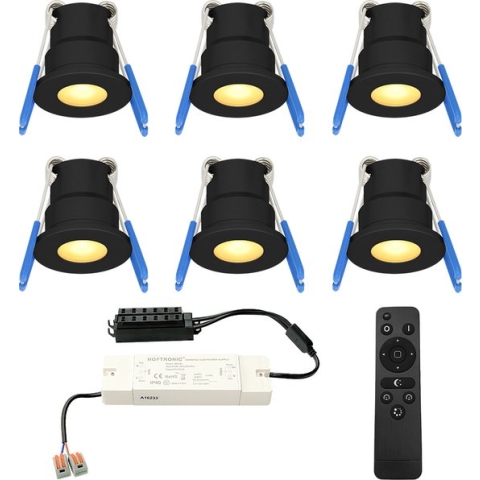 HOFTRONIC Milano - 6x Zwarte LED Inbouwspots - Traploos dimbaar met RF-afstandsbediening - Zwart - IP65 Waterdicht - 2700K Extra warm wit - 3W CREE LEDs 12V -Verandaverlichting - Plafondspotjes badkamer - Voor Veranda, Carport en Badkamer