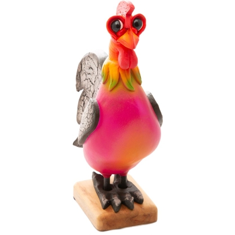 Comix Cartoon - kip - haan - beeld - Roosti - roze - uniek handgeschilderd - massief beeld - op houten voet