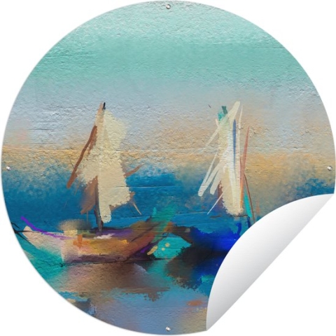 Tuincirkel Schilderij - Olieverf - Boot - Abstract - 120x120 cm - Ronde Tuinposter - Buiten XXL / Groot formaat!