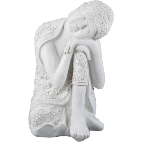 Relaxdays Boeddha beeld - gekanteld hoofd - 60 cm - tuinbeeld - polyresin - zenbeeld - wit