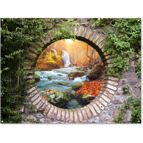 Tuinposter doorkijk - Ronde doorkijk - Waterval - Natuur - Bladeren - Bos - Tuin - Tuinschilderij voor buiten - Schuttingdoek - Tuindoek - 160x120 cm - Schutting decoratie - Tuindecoratie