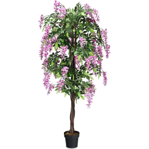 Kunstboom met bloemen, kunstplant groot in pot, kamerplant met natuurlijke bladeren en 2 stammen, kunstbloemen, plant, boom, kunstbloem, roze, decoratieve kunstplant, groene plant, 180 cm