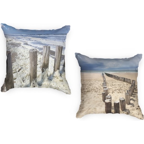 Ulticool - Buitenkussens - Strand Kust Nederland - Sierkussens Buiten Waterbestendig - Set van 2 Kussens 45 x 45 cm Vierkant - Exclusief Kussenvulling - Tuinkussenhoes Outdoor Hoes – Buiten Tuinkussens voor Decoratie Loungeset Tuin - Blauw Wit