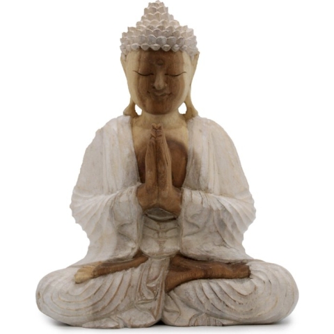 Boeddha Beeld Welkom - Whitewash - Handgesneden - Suar Hout - 26x13x30cm