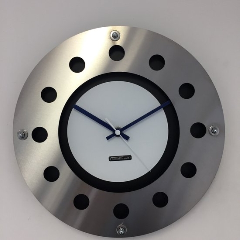 WANDKLOK MECANICA FULL BLACK WITH WHITE COLOR SMALL INNER CIRCLE DARKBLUE WHITE POINTER MODERN DUTCH DESIGN HANDGEMAAKT 40 cm