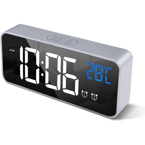 Digitale wekker met grote LED temperatuurweergave, tafelklok spiegelalarm met dual alarm snooze tijd 4 niveaus instelbare helderheidsdimmer 13 muziek USB-aansluiting nachtkastje slaapkamer roze (zilver)