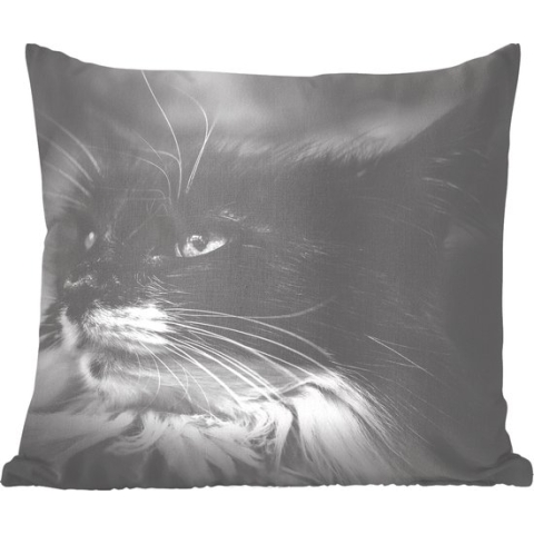 Sierkussens - Kussen - Dierenprofiel opzij kijkende kat in zwart-wit - 60x60 cm - Kussen van katoen