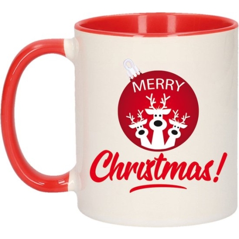 Kerstcadeau kinder kerstmok Merry Christmas kerstbal met rendieren - rood / wit - 300 ml - keramiek - mok / beker - Kerstmis
