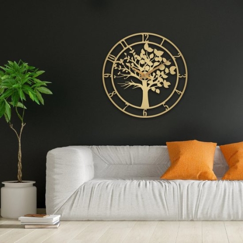 Unieke Handgemaakte Levensboom Wandklok, Wanddecoratie, Kunst met 3D effect 81 cm Goud
