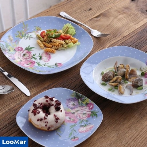 LooMar Luxe Serviesset - Bordenset - Kommen set - Soep Borden - Dessert Borden - Dinerborden - set van 60 - 12 persoons - Wit - Blauw - Bloemen