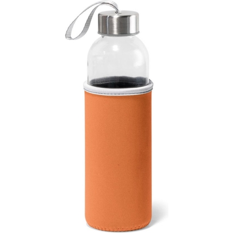 Glazen waterfles/drinkfles met oranje softshell bescherm hoes 520 ml - Sportfles - Bidon