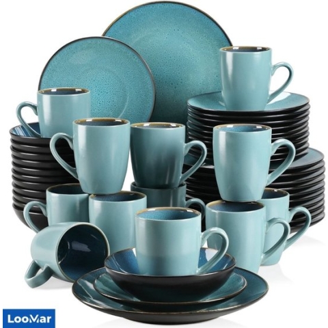LooMar Serviesset – 48 delig – 12 persoons – Porselein - Luxe – Groen– Bordenset – Dinner platen – Dessertborden - Koffie Mokken - Bubble