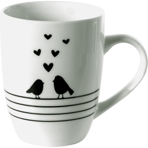 Clayre & Eef Mok 350 ml Wit Zwart Porselein Harten Vogels Theemok