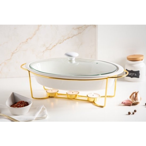 Altom chafing dish en warmhoudbak van porselein ovaal 1.4L goud / wit