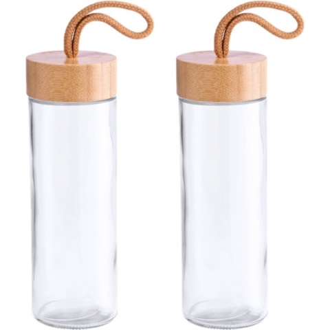 2x Stuks glazen waterfles/drinkfles transparant met bamboe houten dop met handvat 420 ml - Sportfles - Bidon