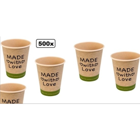 500x Koffiebeker Made with Love bamboe 250ml  next generation - Koffie thee chocomel soep drank water beker karton